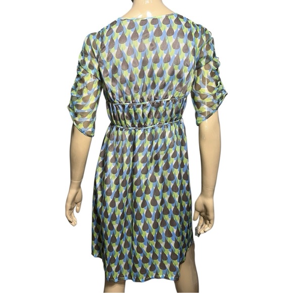 Herion Women’s Size 42 M Brown Blue Green Tear Drop Geo Print Silk Chiffon Dress - Picture 5 of 10